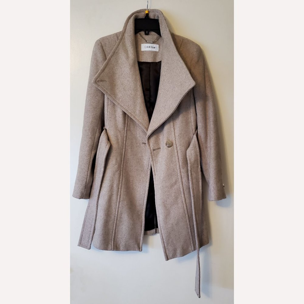 Calvin Klein Wool Blend Belted Wrap Coat with Leather Trim - Size XS (Petite)